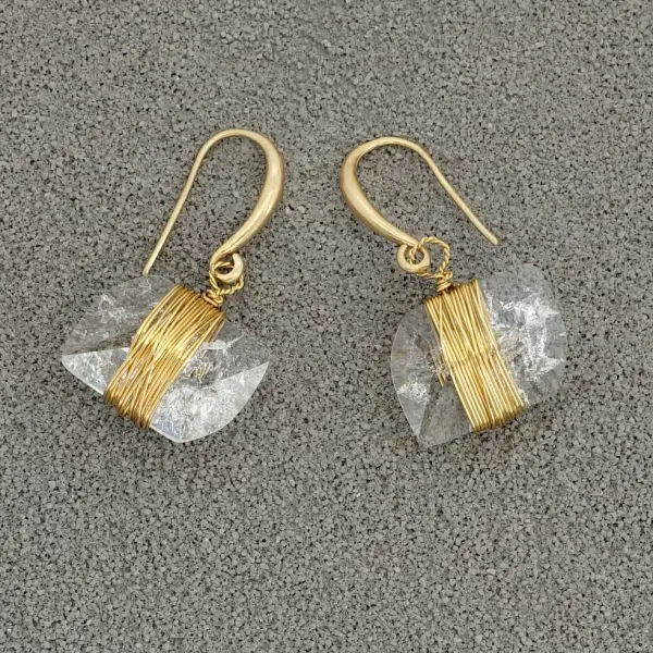 Raw Clear Quartz Gold-Tone Wire-Wrapped Dangle Earrings